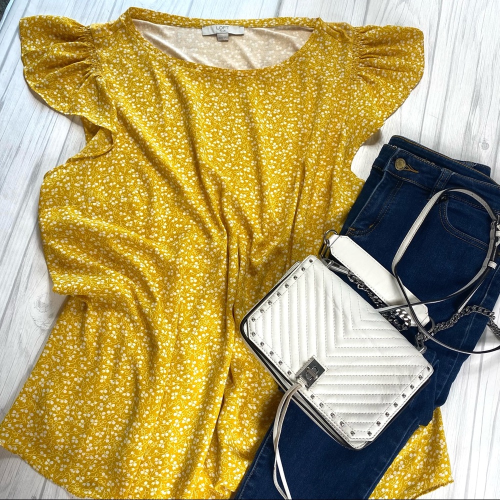Loft Plus Yellow Print Blouse Flutter Sleeve